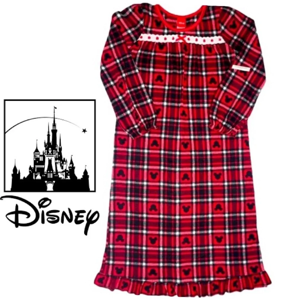 Disney Nightgown Lace Trim Bow Nightshirt Mickey Mouse Buffalo Plaid Tartan Red